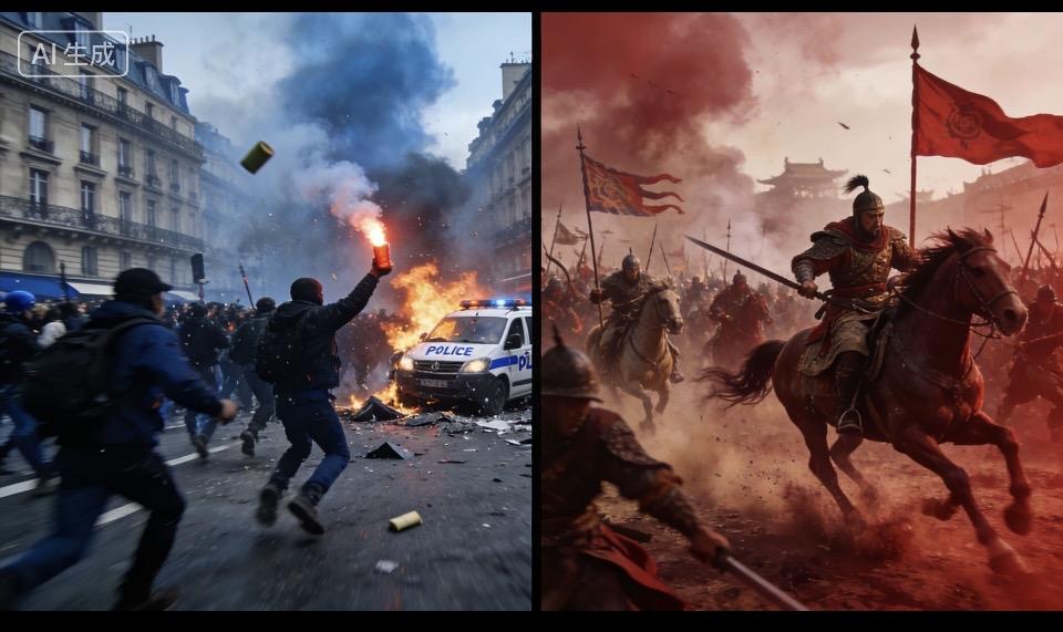 现代抗议与古代战争的碰撞，火焰与旗帜的交织，历史与现实的碰撞。