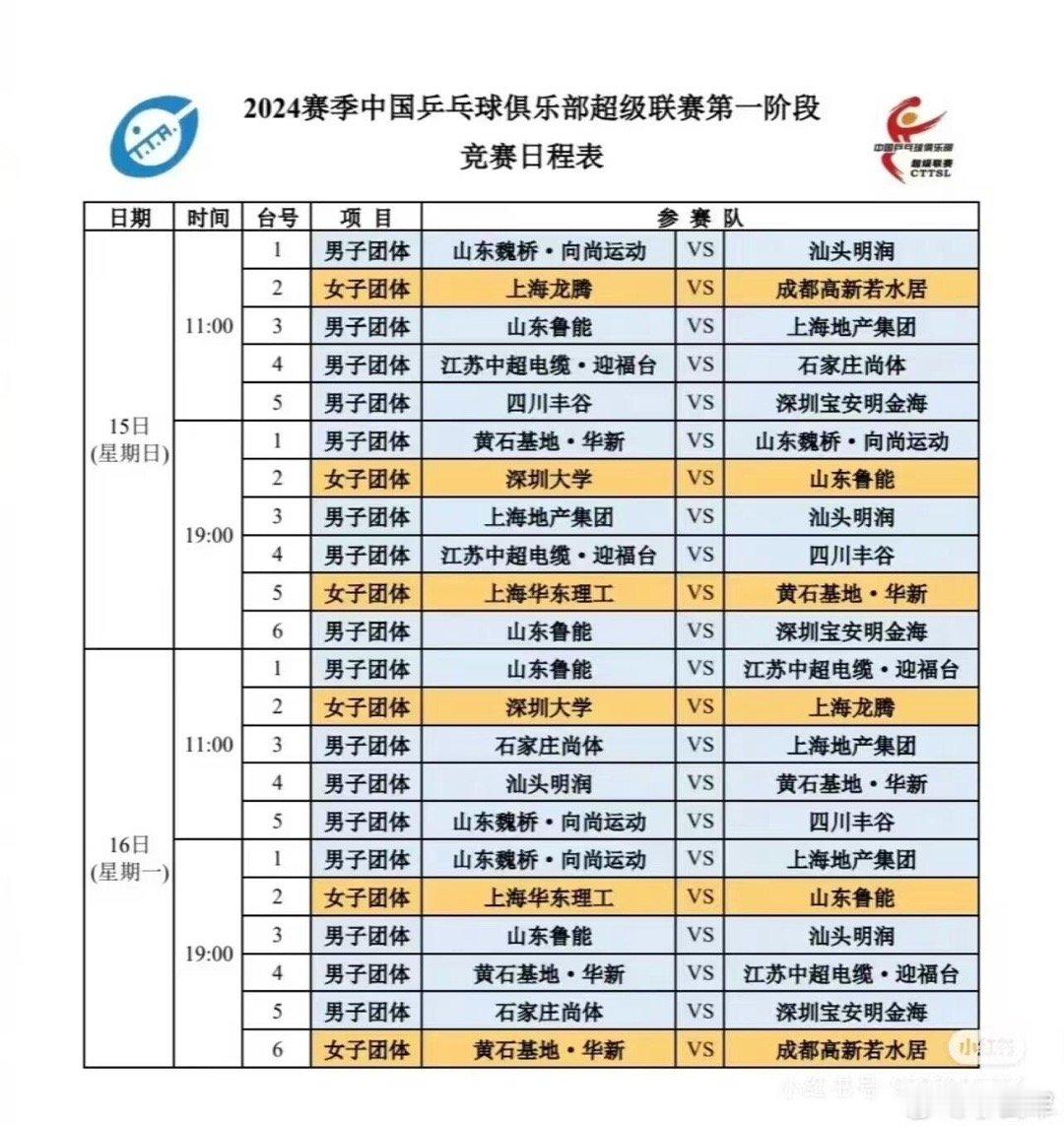2024乒超联赛12月15日16日赛程 