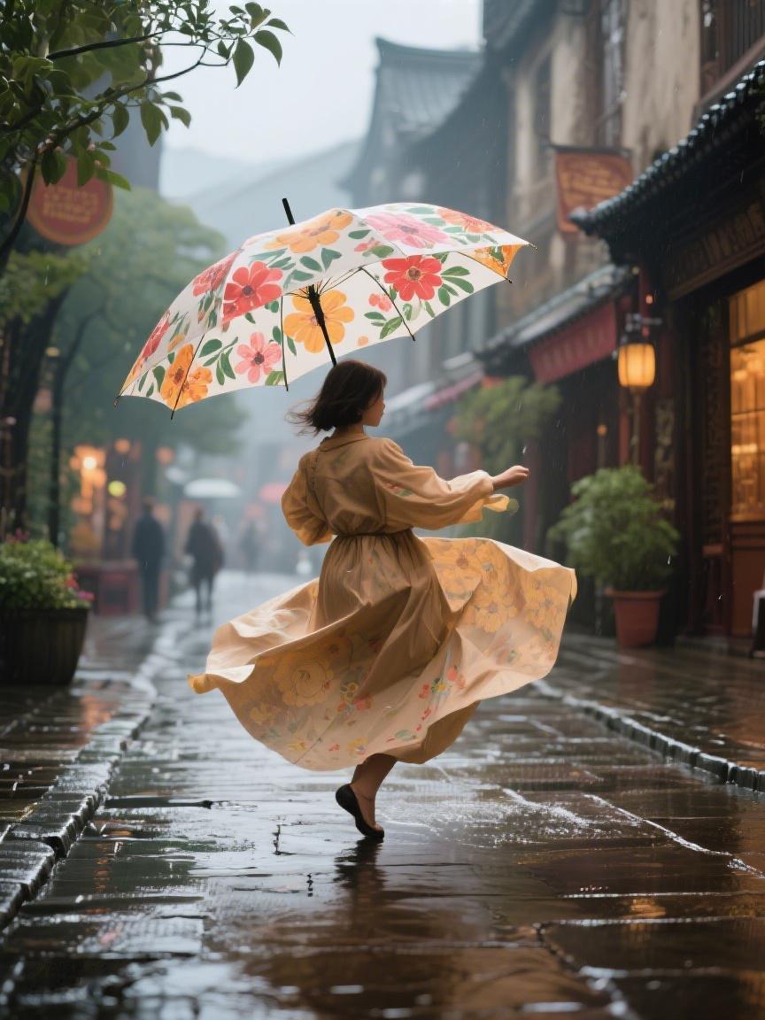 AI妙生图雨巷中，花伞飞扬裙摆飘，每滴雨都似在讲述一段关于自由与诗意的故事✨