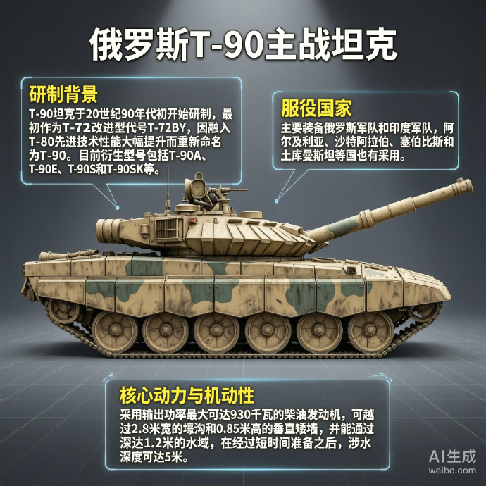 军事ai新视野 俄罗斯T-90主战坦克T-90坦克是俄罗斯于20世纪90年代研制
