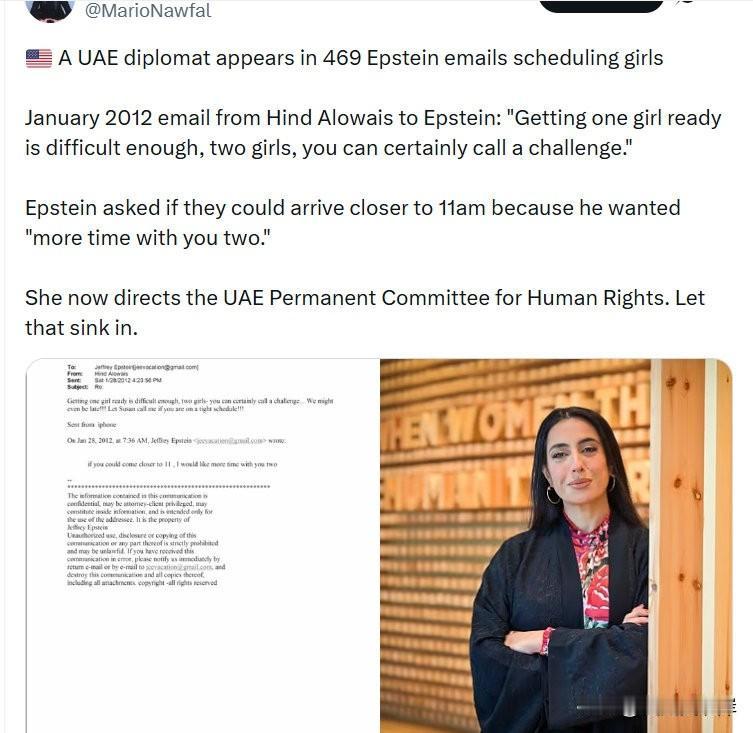 一名阿联酋外交官出现在469封爱泼斯坦安排女孩的邮件中
2012年1月，Hind