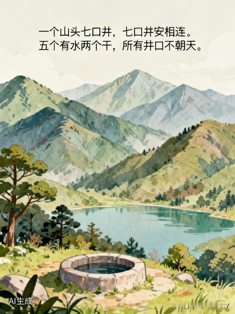 今天是周末，让大家猜个谜语放松一下心情。
一个山头七口井，七口井岸相连。五个有水