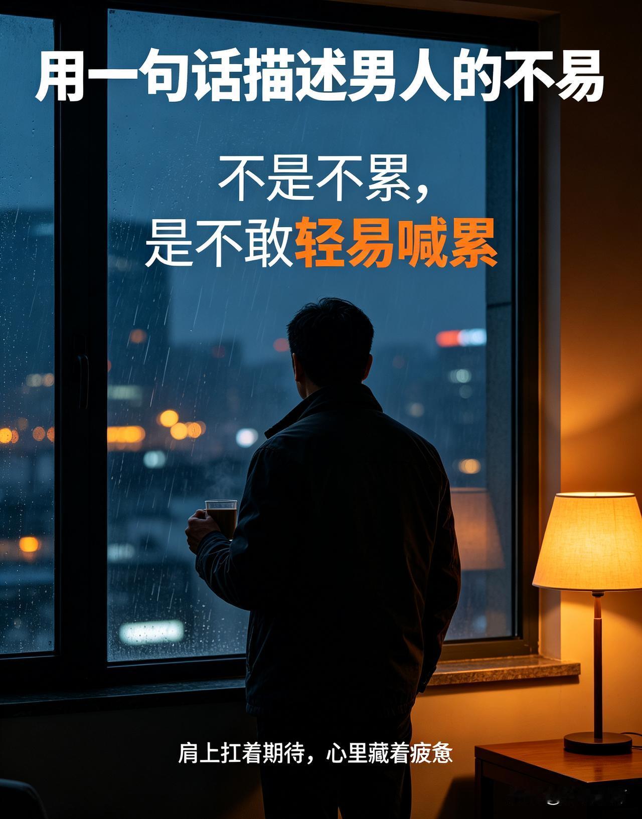 男人看似坚强，一边扛着家庭生计的重担，一边藏起内心疲惫，难过很少倾诉，委屈多选择