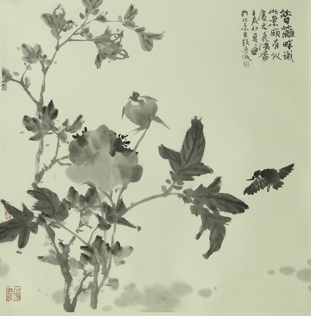 《以墨写香，心随蝶远》画家弃色彩，以墨分五色塑花姿：花瓣晕染如雾，叶片泼墨似黛，