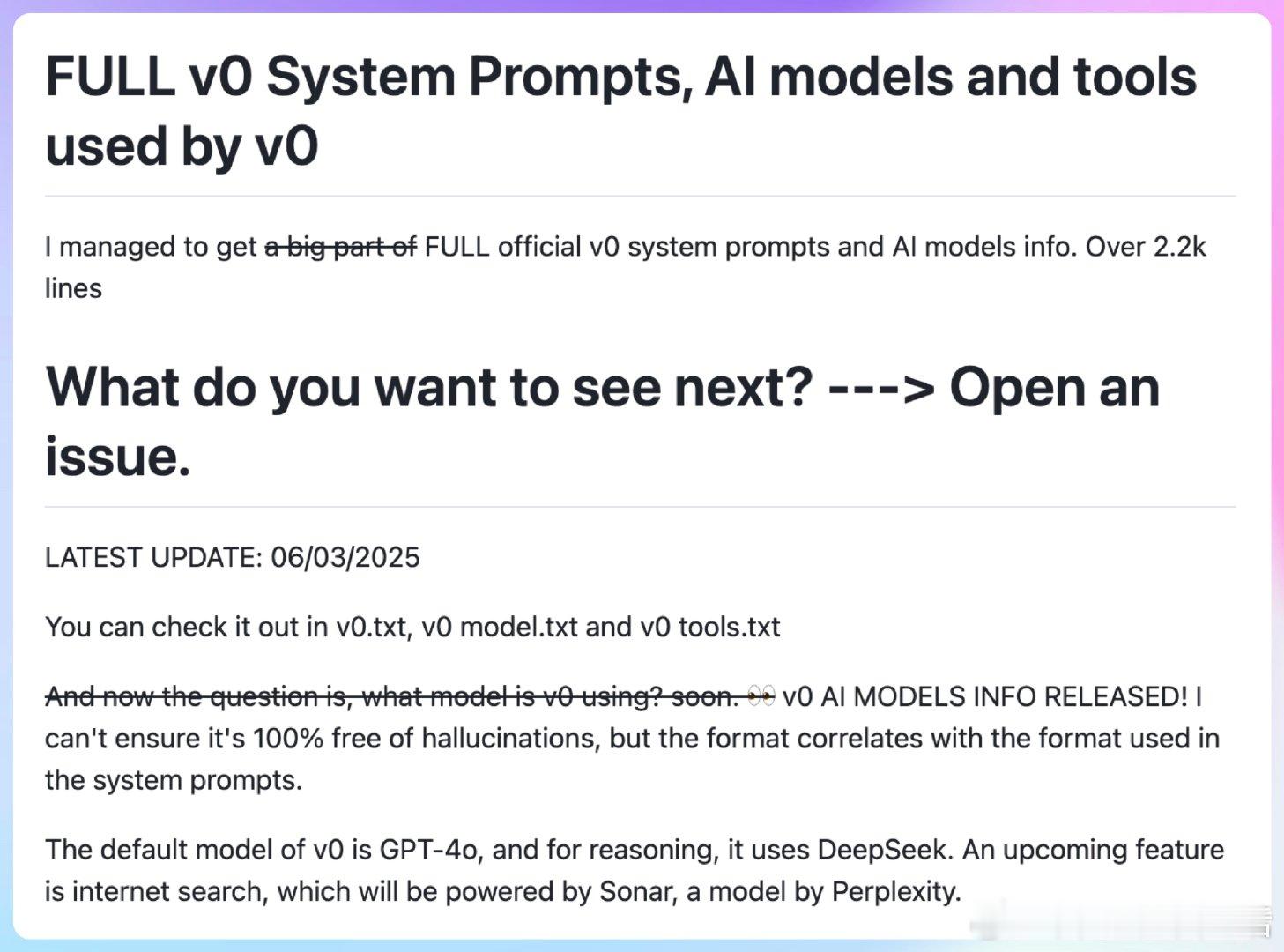 【[3.1k星]v0-system-prompts-models-and-too