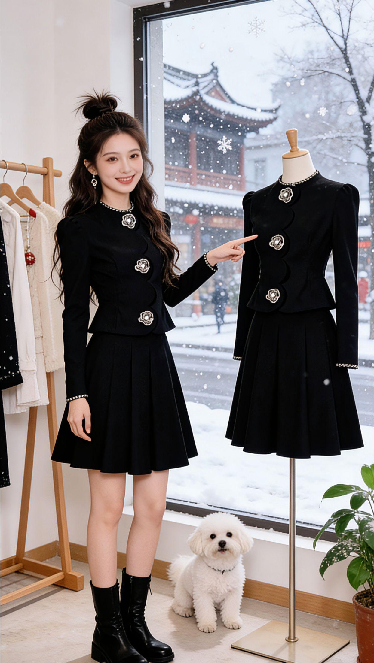 Danny雪天逛小店时一眼被这套小香风套装吸引，经典黑调自带优雅气质，收腰上衣搭