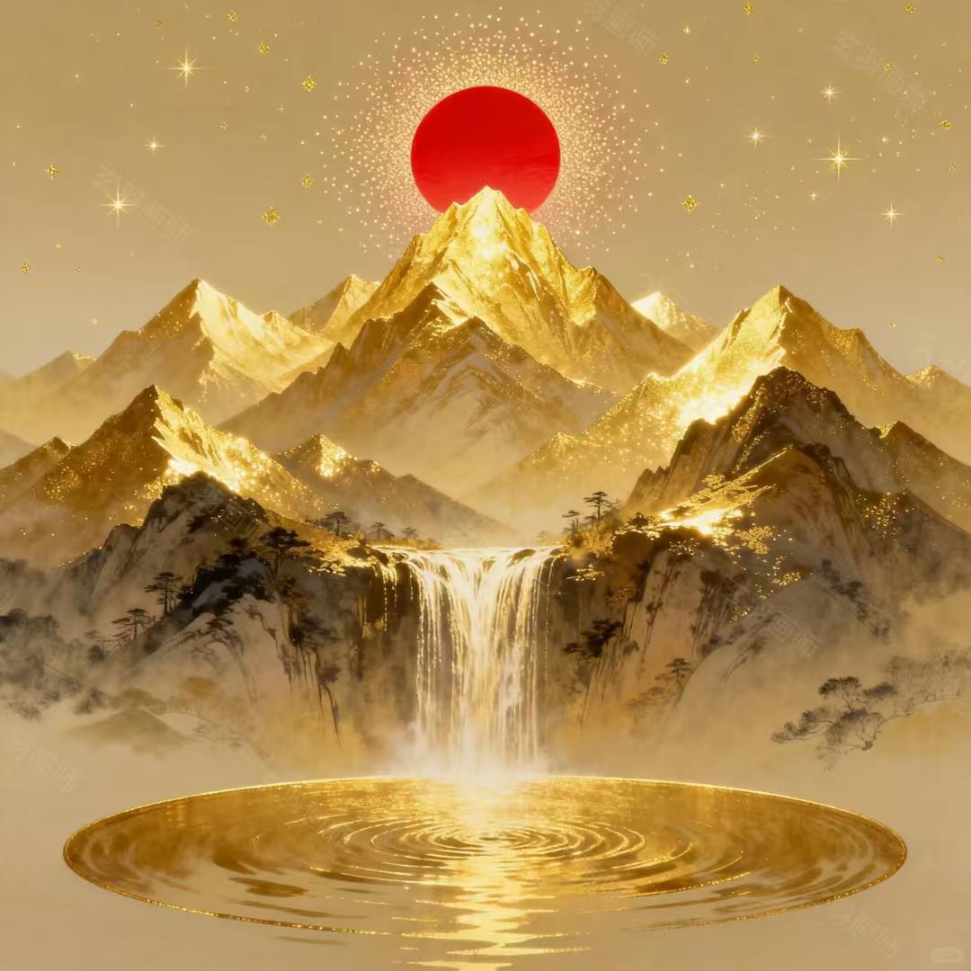 日照金山·财源广进，八方来财，财源滚滚。