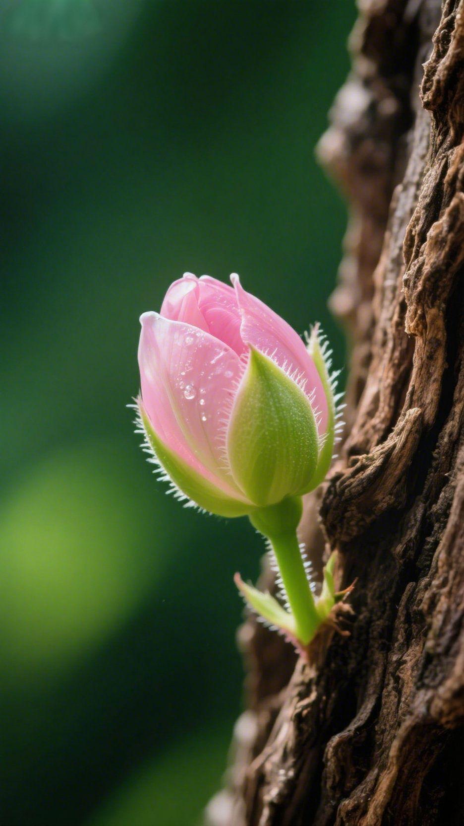 枯木生花映清辉
 
深褐的树干皲裂出岁月的纹路，一抹粉艳却从缝隙里悄然探出——粉