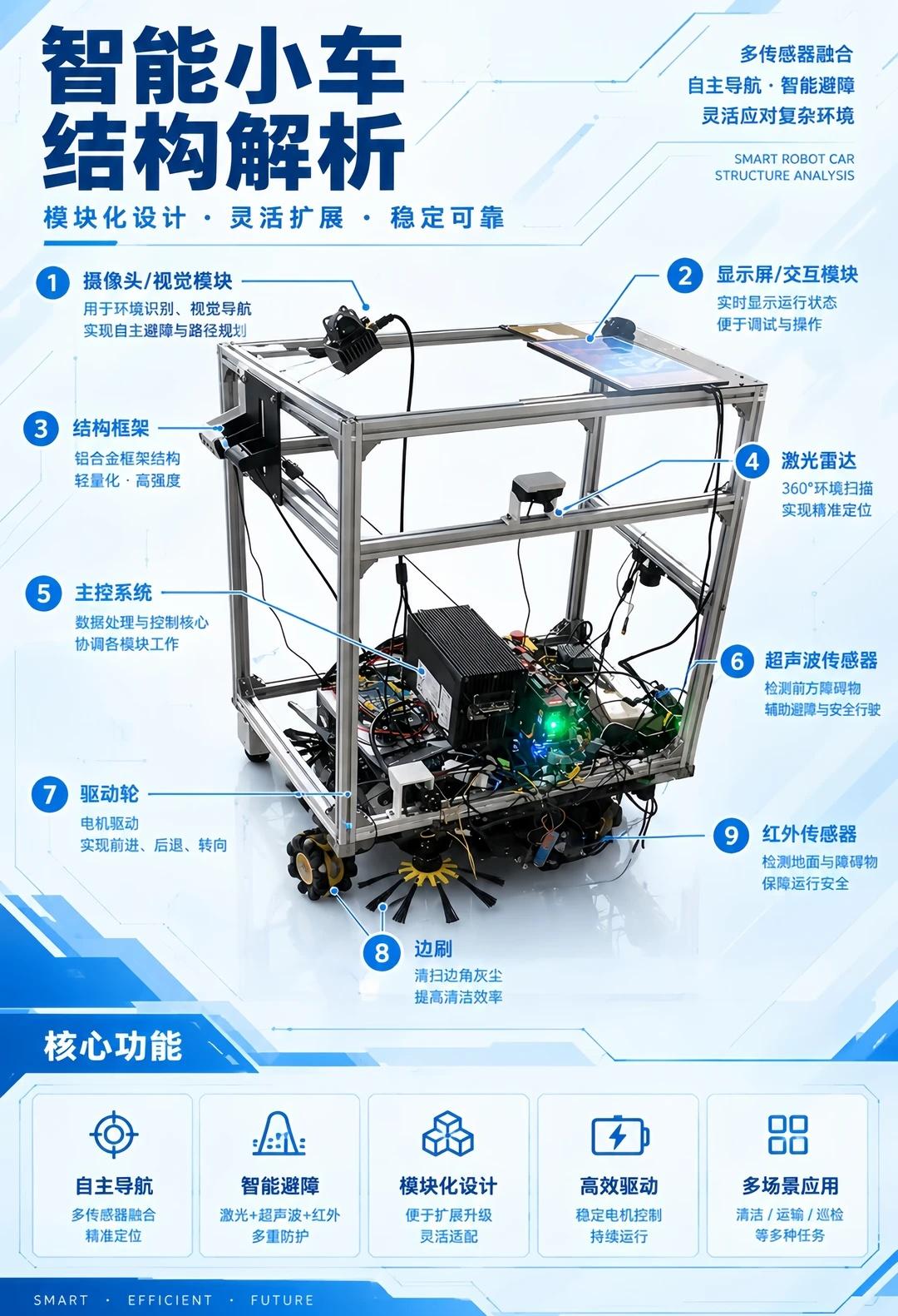 🤖智能小车结构解析！
你以为智能小车只是一个装上轮子的金属框架？
其实，它能不