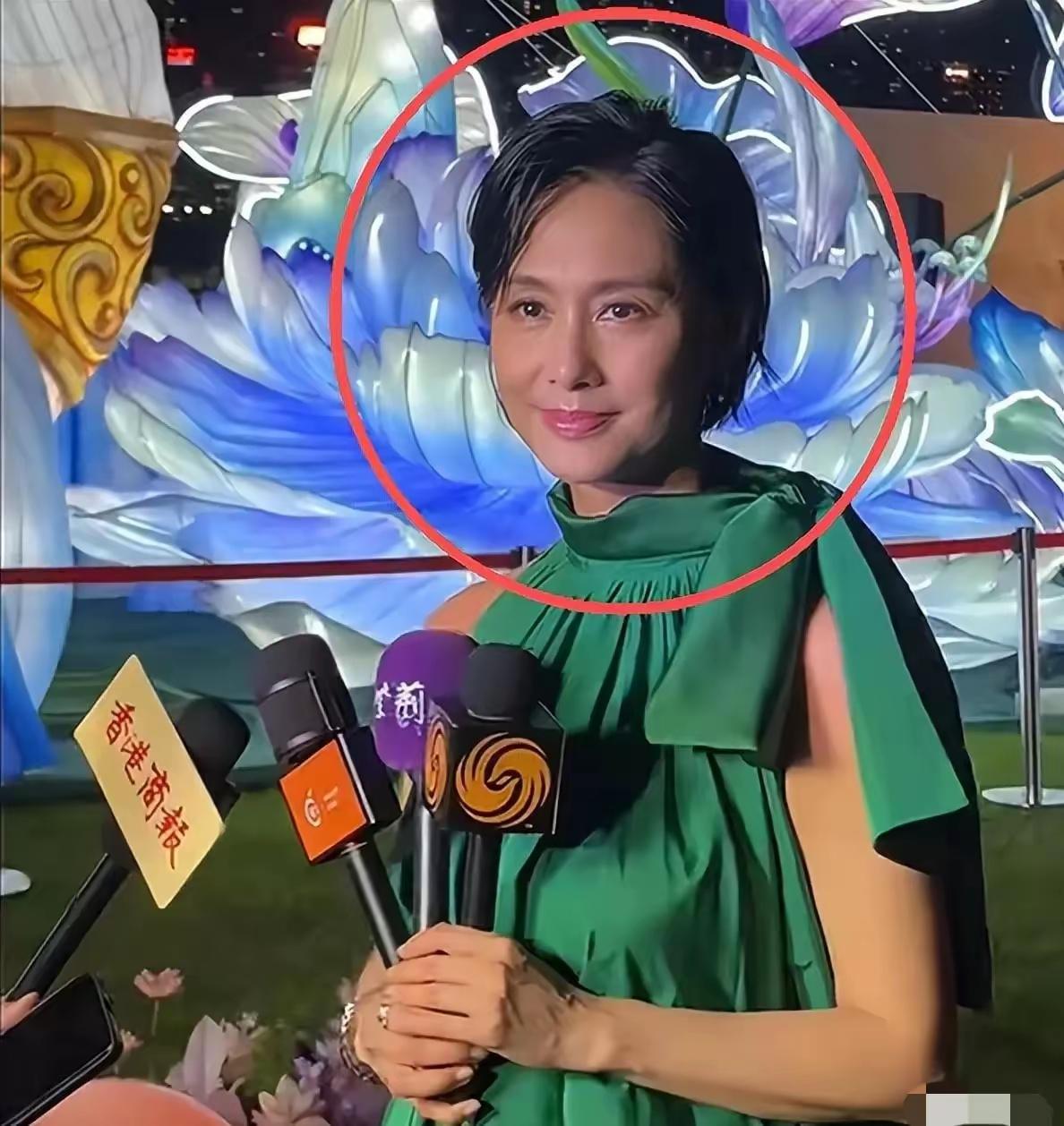 不得不承认，朱茵的衣品实在难以让人恭维。
这条绿色无袖短款连衣裙，让朱茵原本黝黑