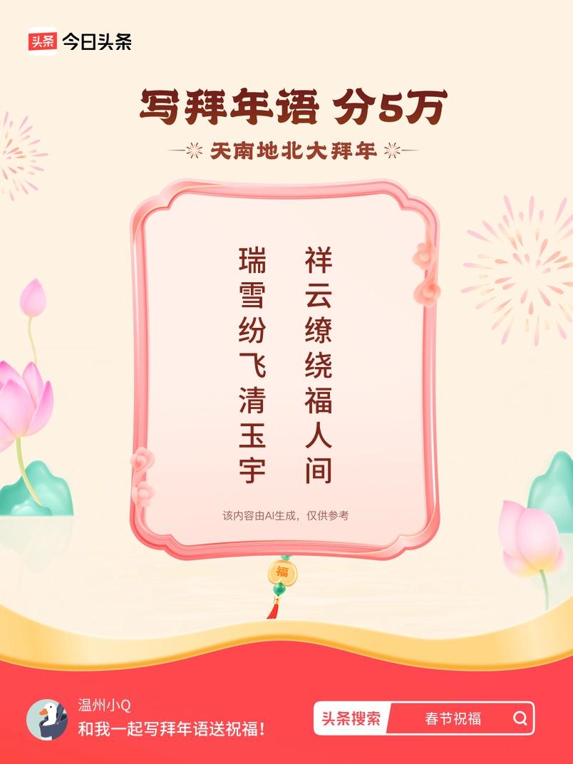 写拜年语送祝福新春拜年送祝福！我的祝福是：“瑞雪纷飞清玉宇，祥云缭绕福人间”！快