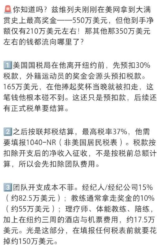 兹维列夫550万奖金到手仅210万 兹维列夫提交的是1040-NR非居民报税表，