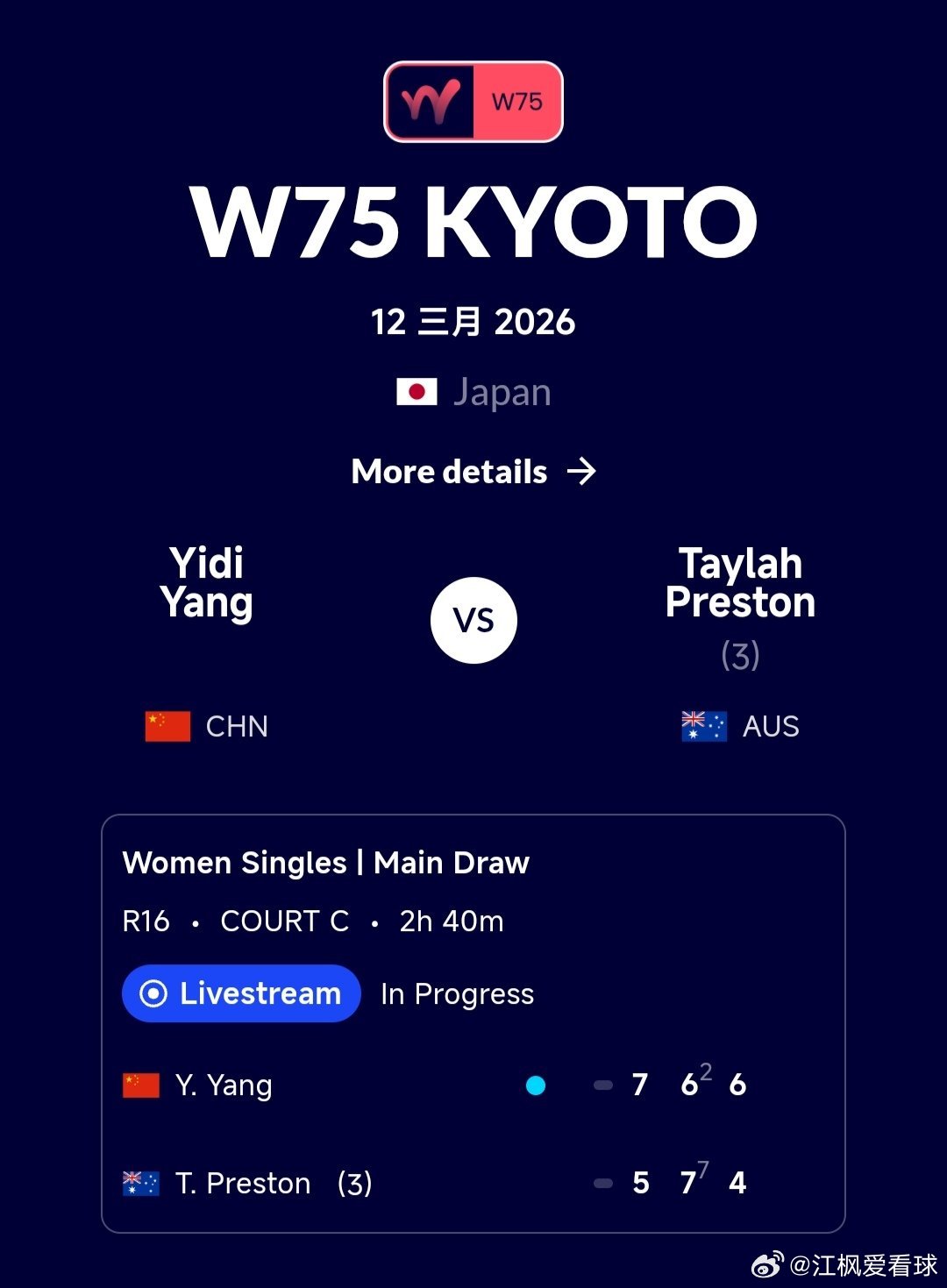 W75京都站🇯🇵女单第2轮资格赛晋级的杨一迪🇨🇳7-5/6-7(2)/6