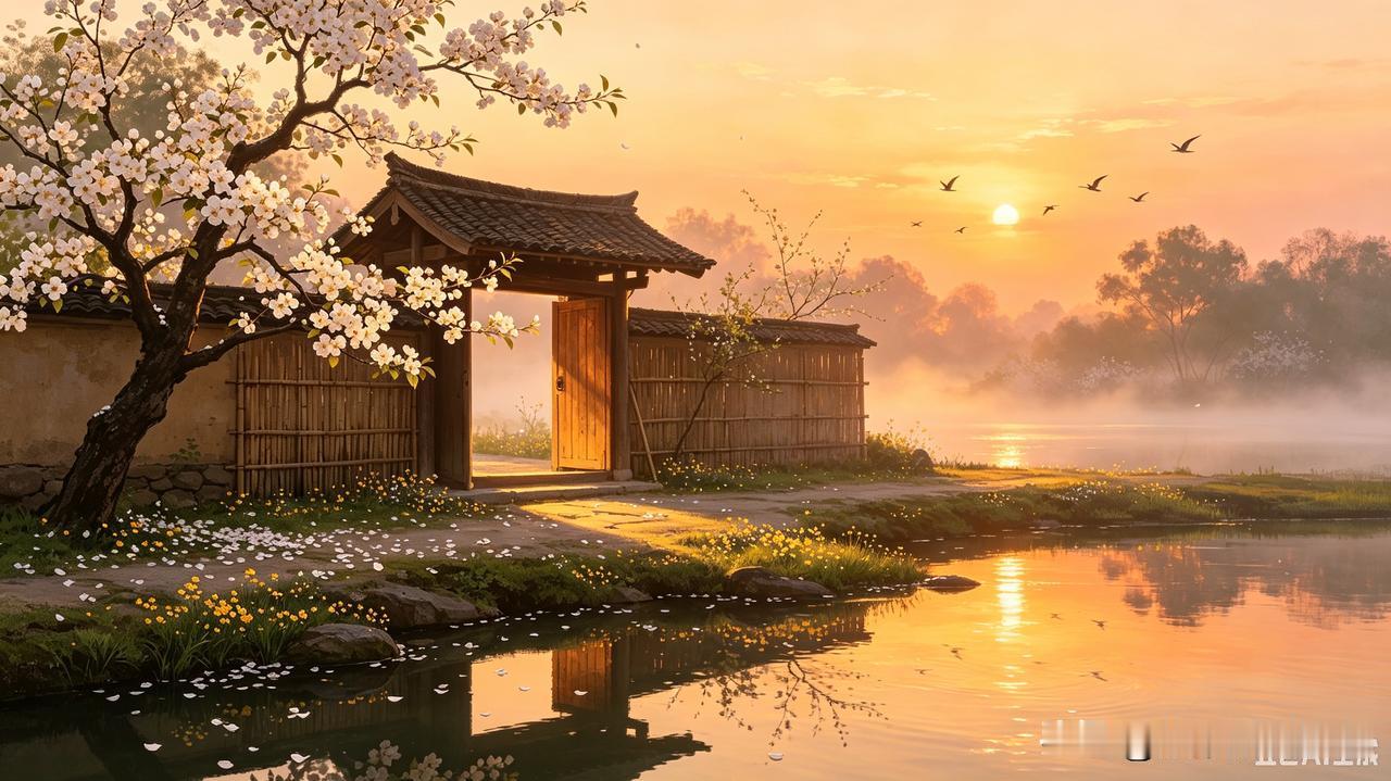 《晚居》
柴门映水斜
篱落缀黄花
风静蝉鸣远
归禽带晚霞