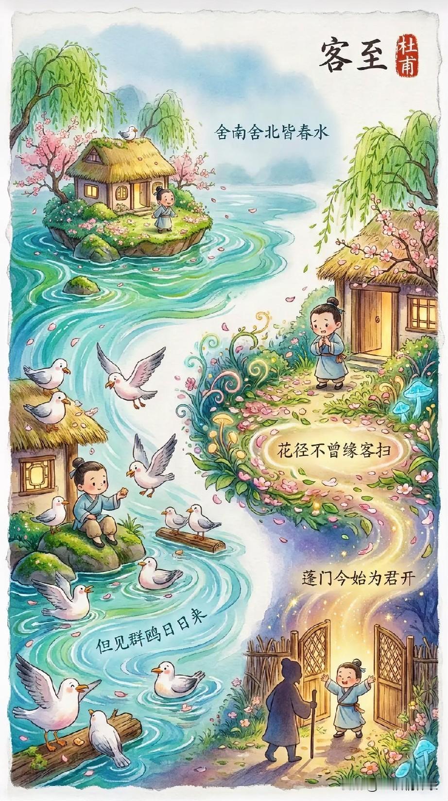 粗茶旧酒见真意，敞门相待是初心。繁华宴上多虚礼，柴门浅饮有真情。重读杜甫《客至》