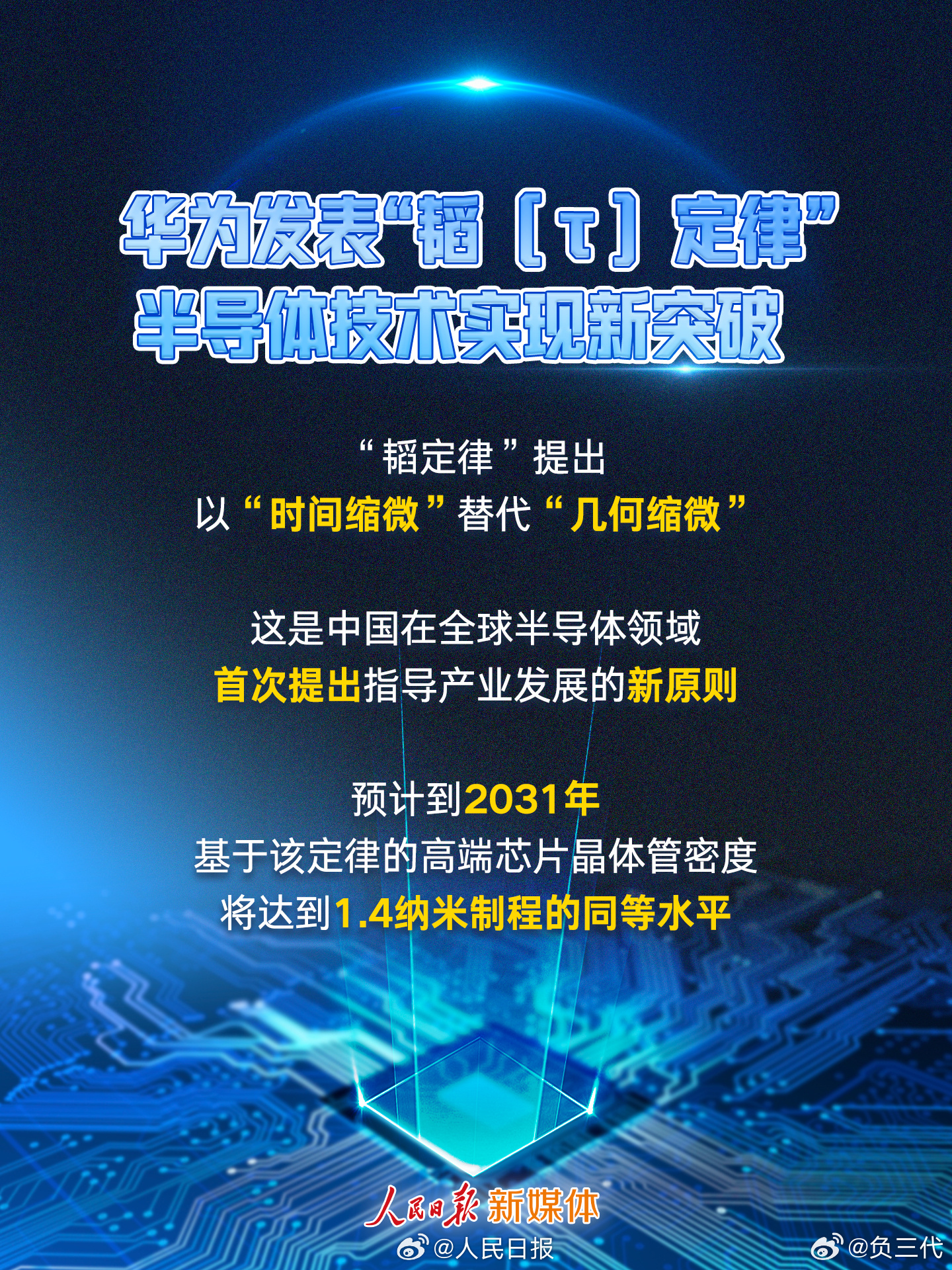 华为发表半导体韬定律预计到2031年，基于该定律的芯片晶体管密度将达到1.4纳米