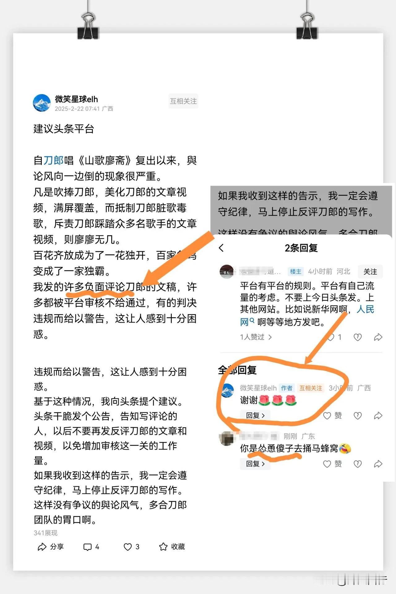 这是被刀郎逼的疯癫魔怔了吗？

你自己都说了发的是些负面评论，还责怪平台不支持你