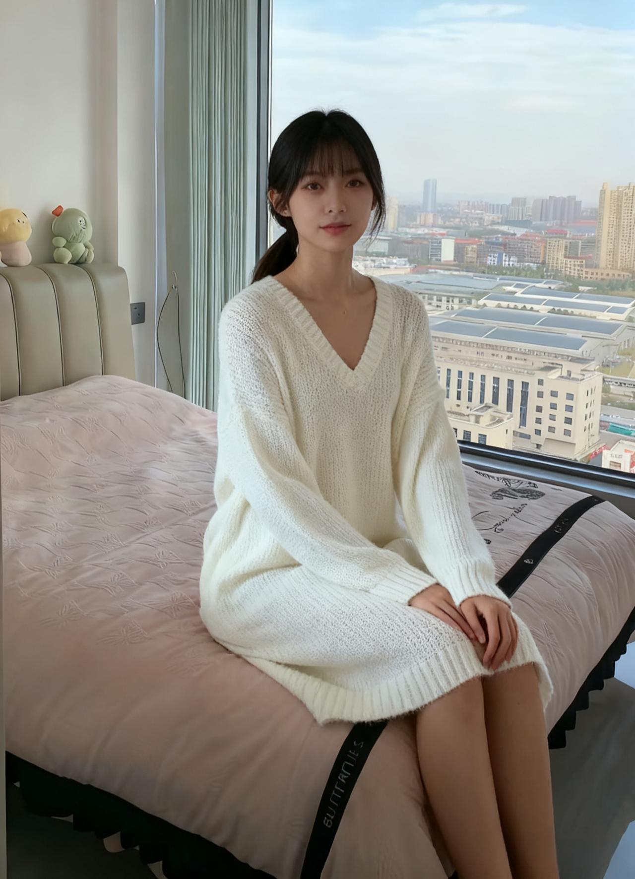 你坐在窗边，像一幅未完成的画
白毛衣的温柔裹着你的身体
窗外的城市是背景，而你是