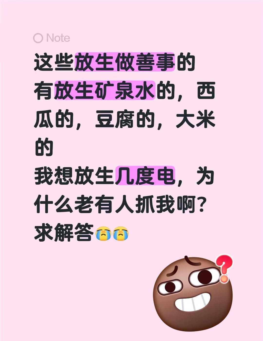 这些放生做善事的有放生矿泉水的，西瓜的，豆腐的，大米的我想放生几度电，为什么老有