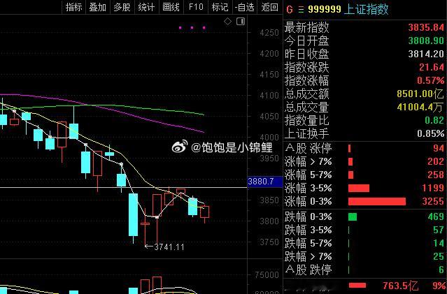 如果今天能以现在的阳线收线，那接下来的重点就在3881附近的颈线位置，也能算作是