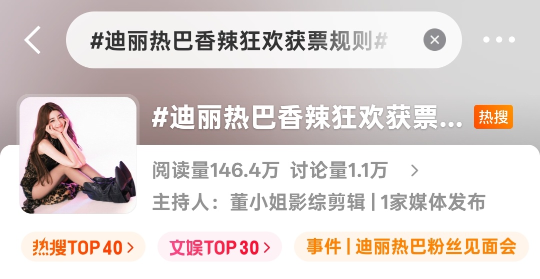 迪丽热巴[超话] 🔥热搜来啦，迪丽热巴宠粉天后，见面会门票免费抽，最宠爱丽丝之