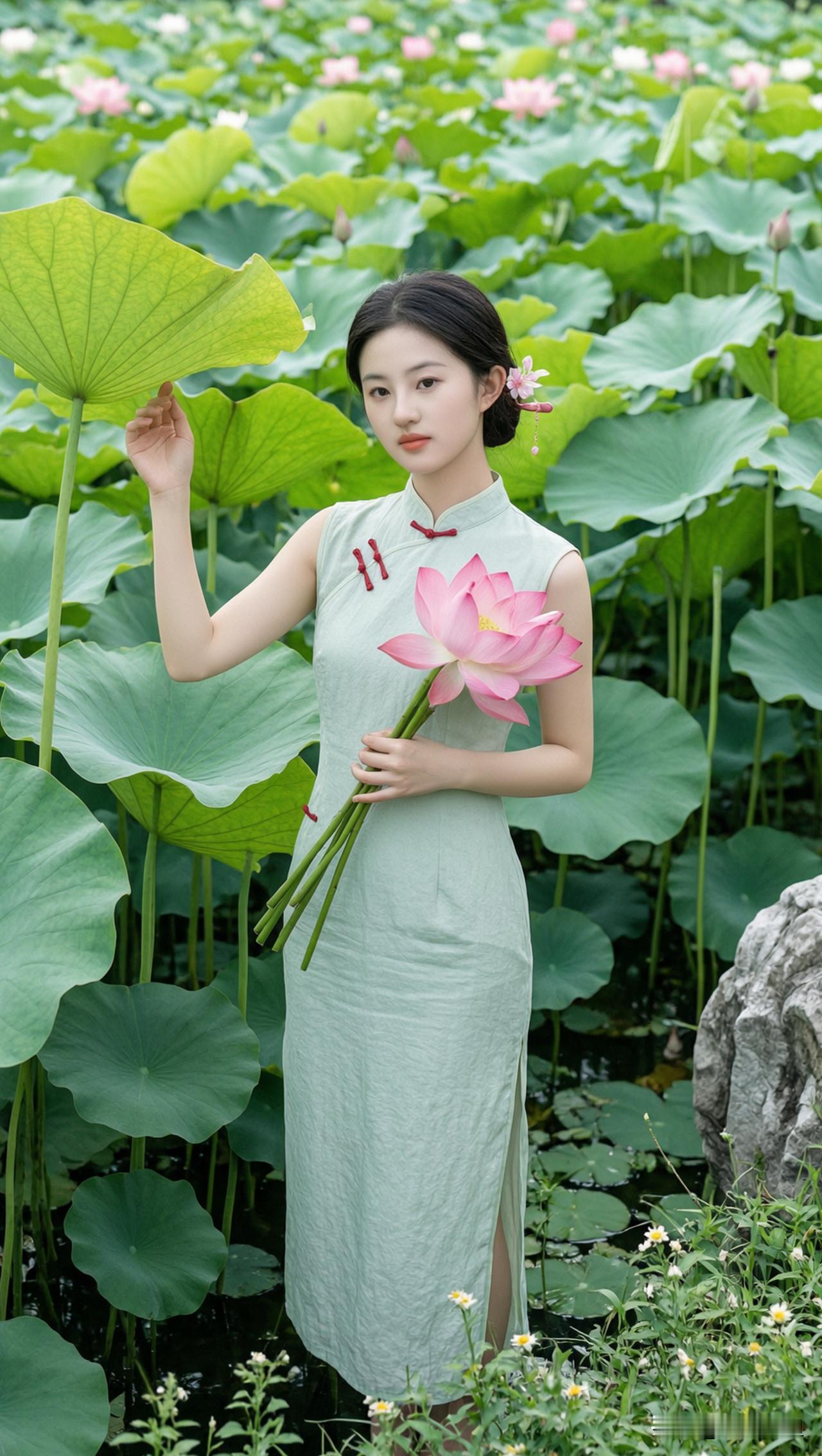 “荷塘月色，旗袍美人”🌸💃🌿