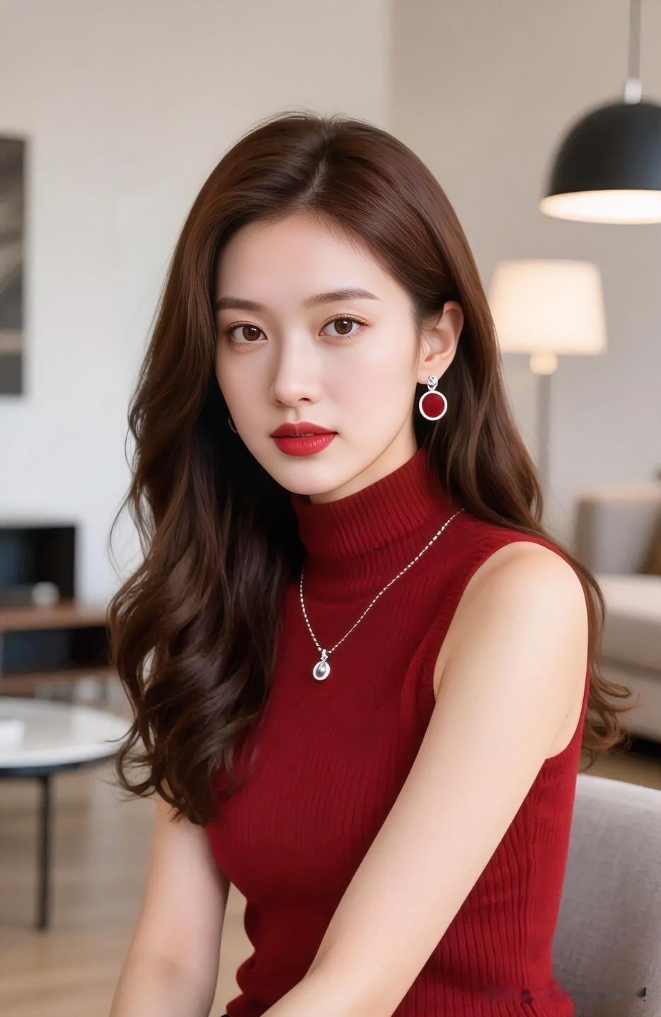 一袭酒红，是岁月酿成的醇香。高领无袖勾勒出优雅肩颈，红唇如火点亮双眸。那抹红色耳