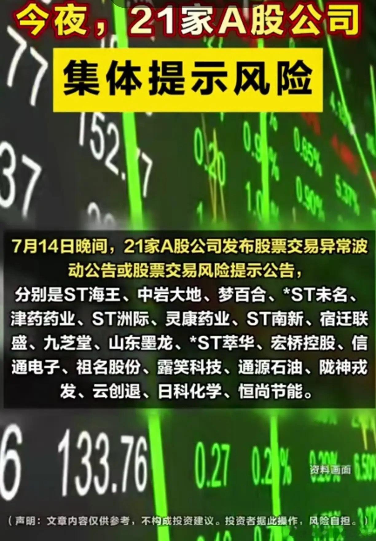深夜重磅预警！21家A股扎堆发风险公告，两类个股务必避开！7月14日晚间数十家上