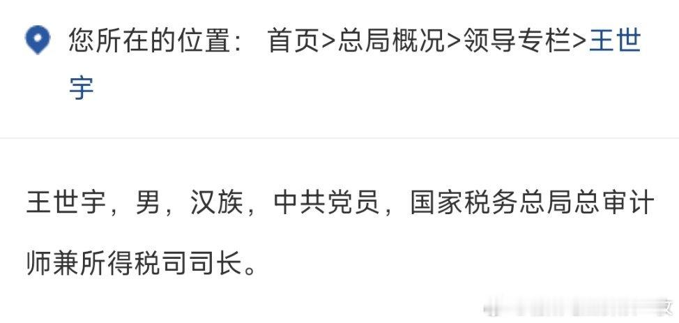 王世宇任国家税务总局总审计师。 
