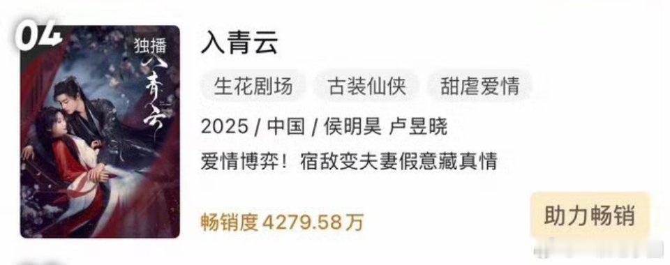 侯明昊 入青云进入优酷年榜第四啦！长尾好厉害！ 