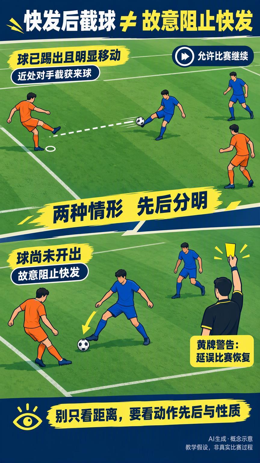 快发任意球被近处对手截走，为什么不一定重罚？先看一个教学假设：中场附近获得任意球