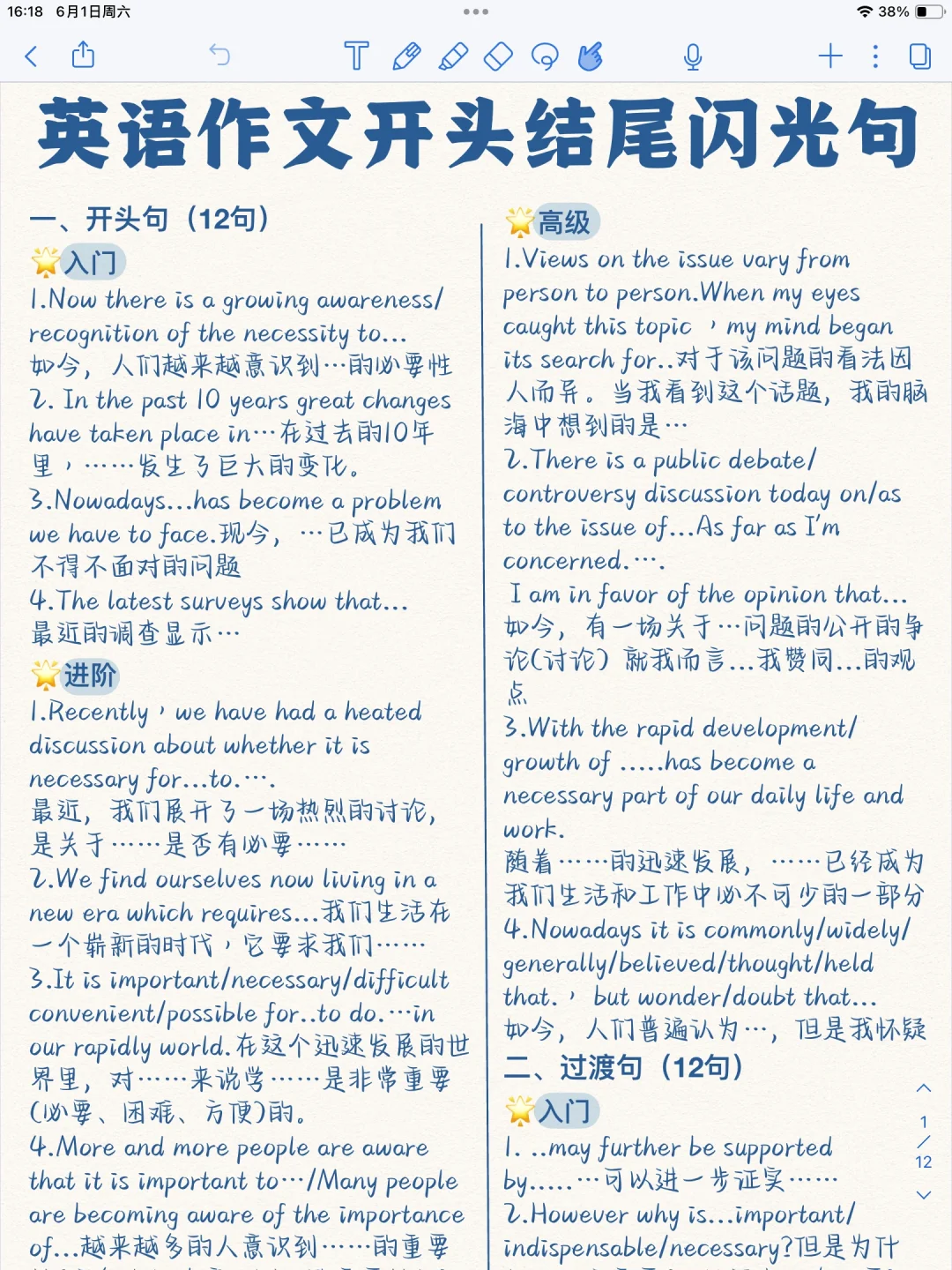 英语作文开头结尾闪光句！