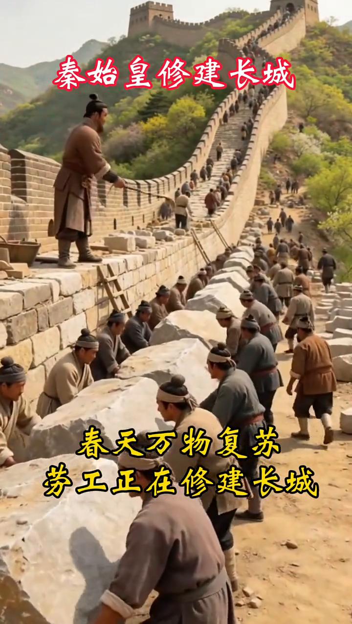 秦始皇修建长城。
春天万物复苏，劳工正在修建长城。秦始皇亲自监督，与美女喝酒贵。