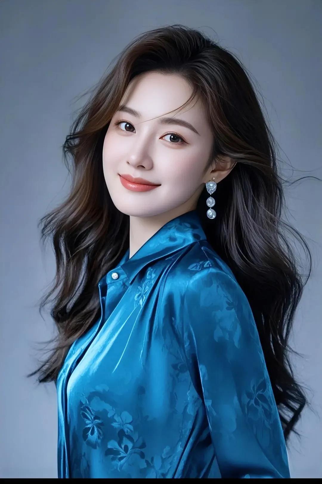 温柔优雅，蓝色花卉裙装，优雅动人风姿绰约美佳人 完美气质美人