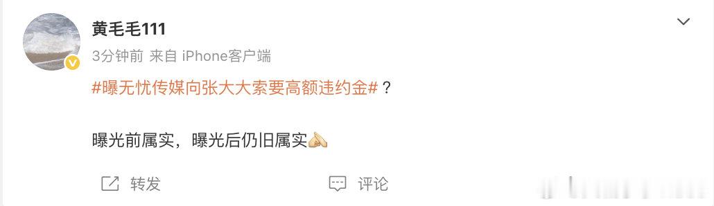 【黄毛毛时隔一年多发声】黄毛毛回应无忧传媒张大大纠纷 6月30日，曾指控张大大暴