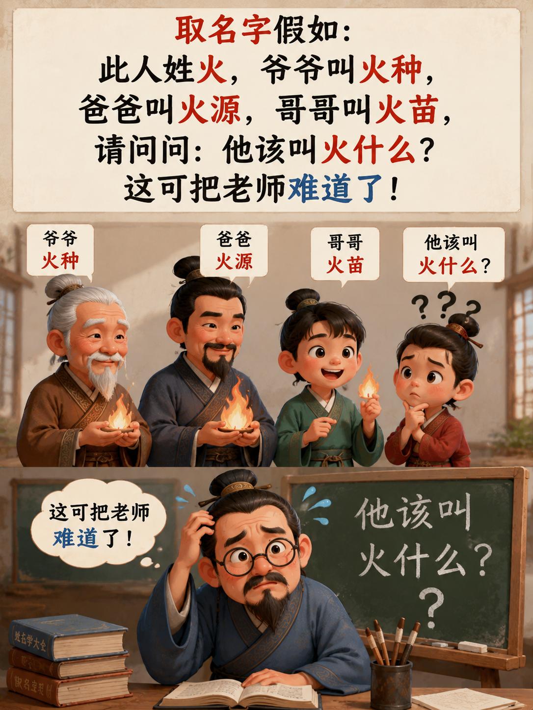 取名字，假如：此人姓火，爷爷叫火种，爸爸叫火源，哥哥叫火苗，请问问：他该叫火什么