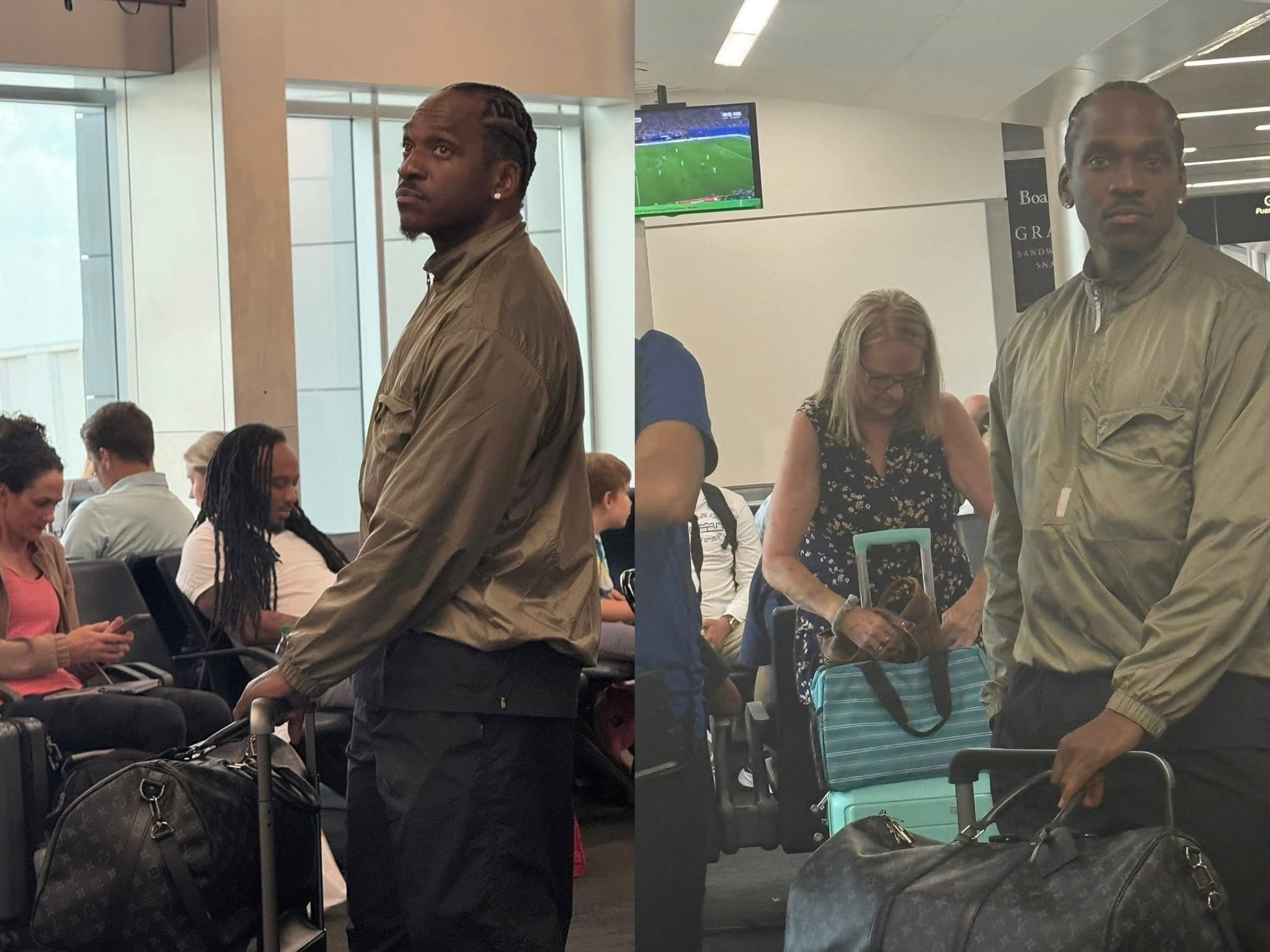 Pusha T在机场被拍到坐经济舱出行 