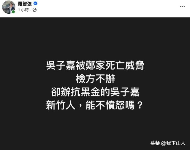 蒋万安竞选总部副主委兼总干事罗智强，发文痛批民进党办案双重标准。

吴子嘉揭发土
