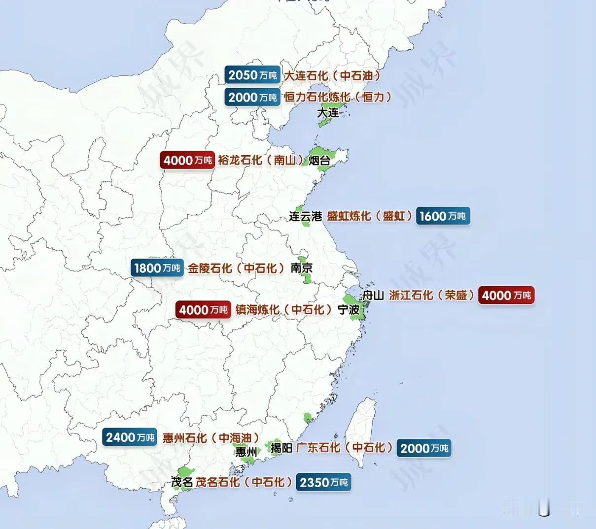 这是全国十大炼油厂分布以及年产能。中国炼油能力排前五的省分别是山东、广东、辽宁、