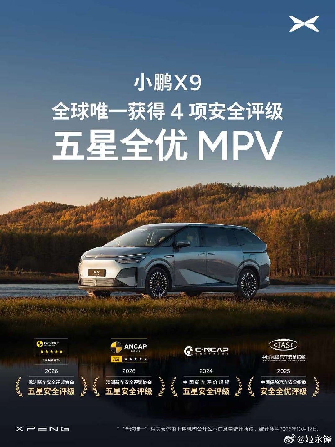 小鹏X9斩获欧洲澳洲五星安全评级小鹏X9包揽全球四大安全机构五星大满贯10月12