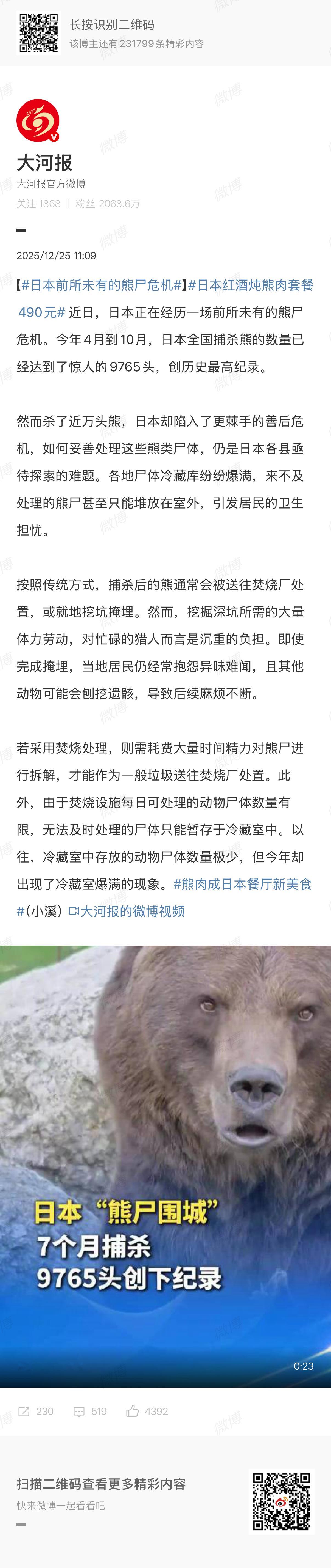 🔻草啊，这些日本人不是，这些日本熊怎么这么坏啊。日本前所未有的熊尸危机热点现场