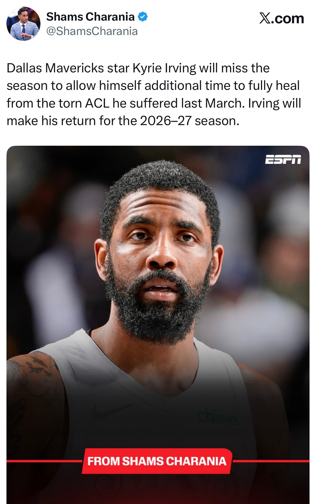 欧文将缺席本赛季剩余比赛，恢复ACL🙏欧文赛季报销