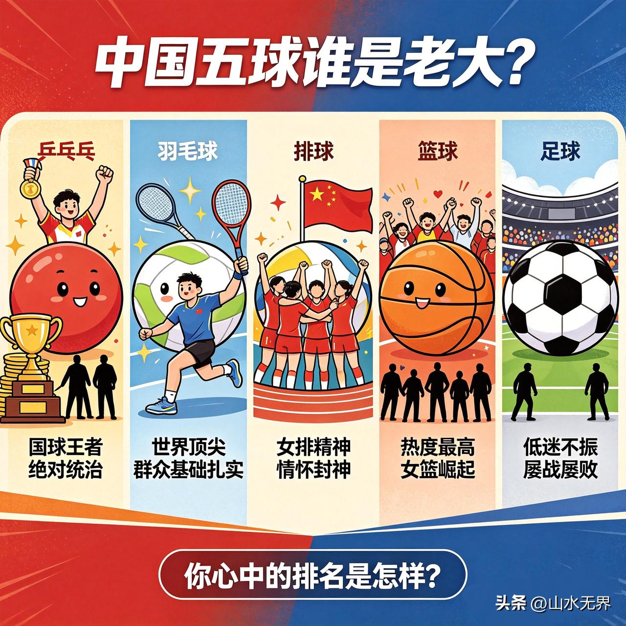 中国五球谁是老大？排名反差太大，太真实了！
 
中国体坛五大球类：乒乓、羽毛、排