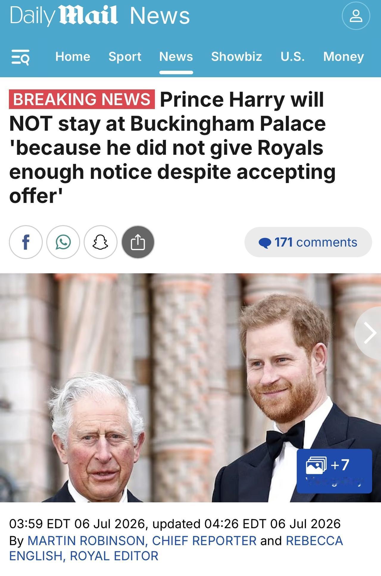 哈里王子访英期间将不会留在白金汉宫，尽管之前“接受在英国访问期间入住白金汉宫的邀