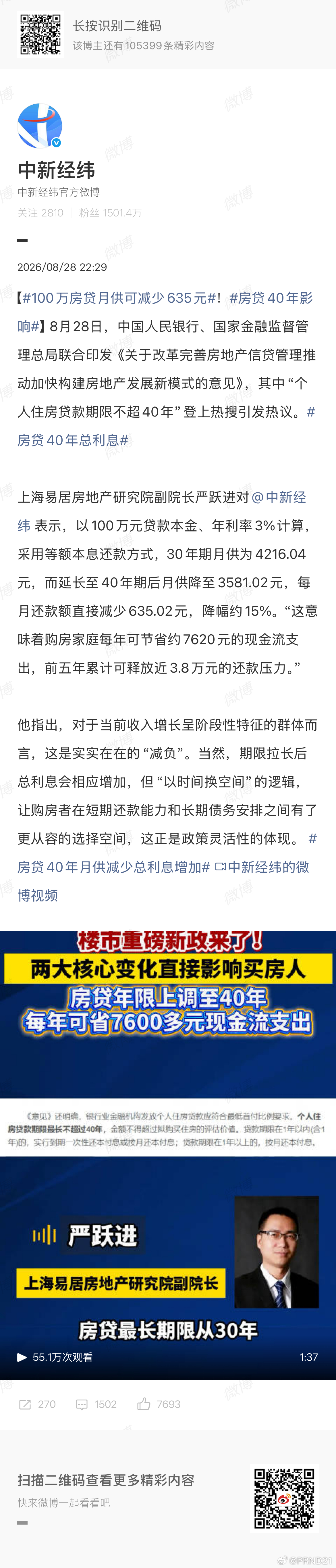100万房贷月供可减少635元 【以100万元贷款本金、年利率3%计算，采用等额