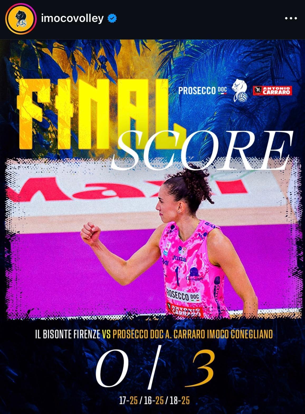 【科内利亚诺锁定常规赛冠军】 意甲女排联赛24轮，科内利亚诺客场3-0佛罗伦萨，