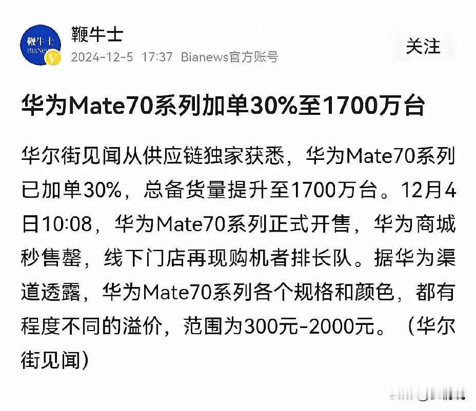 华为Mate70系列已加单30%，总备货量提升至1700万台

从mate70系