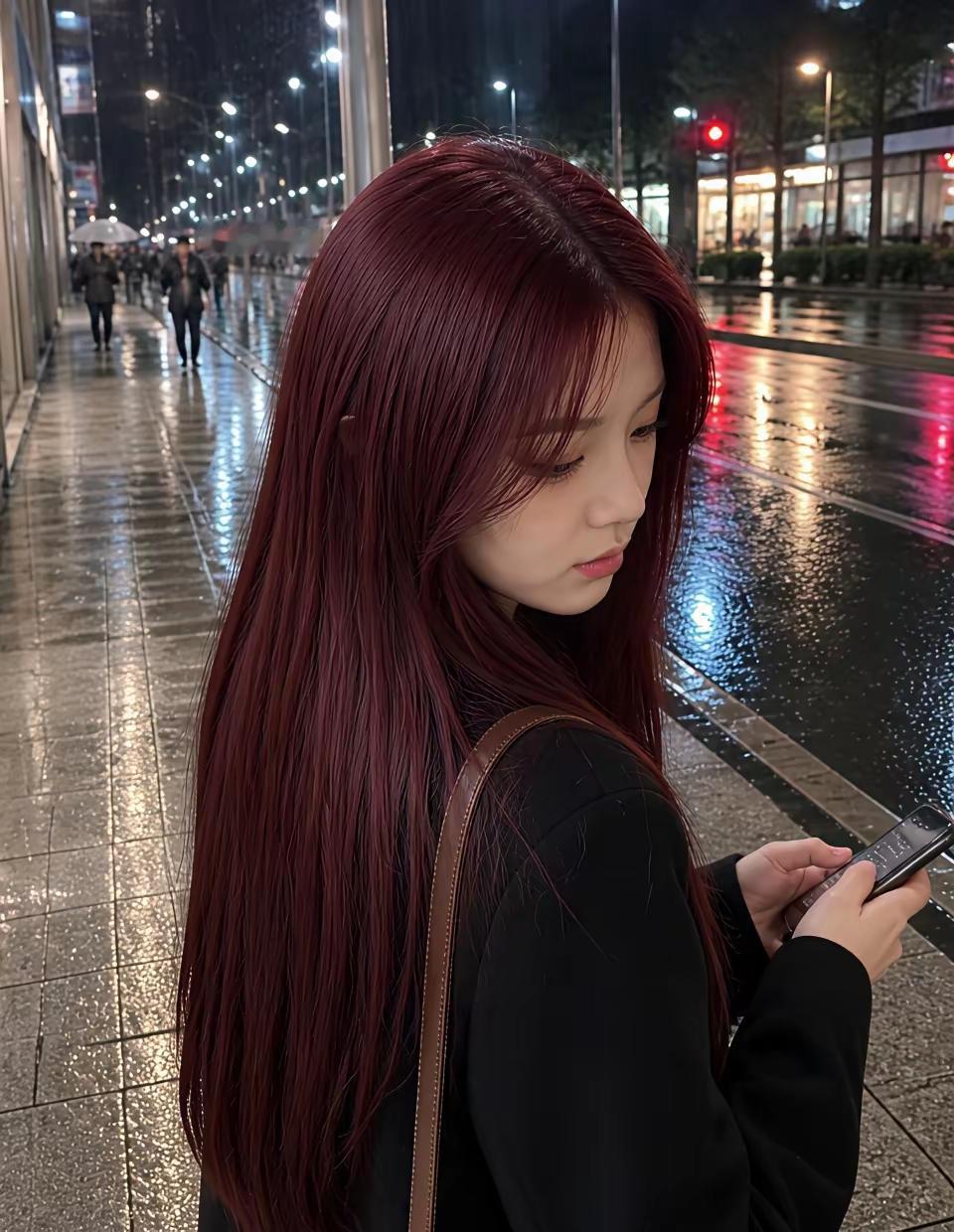 雨夜街头，长发女孩低头看手机。