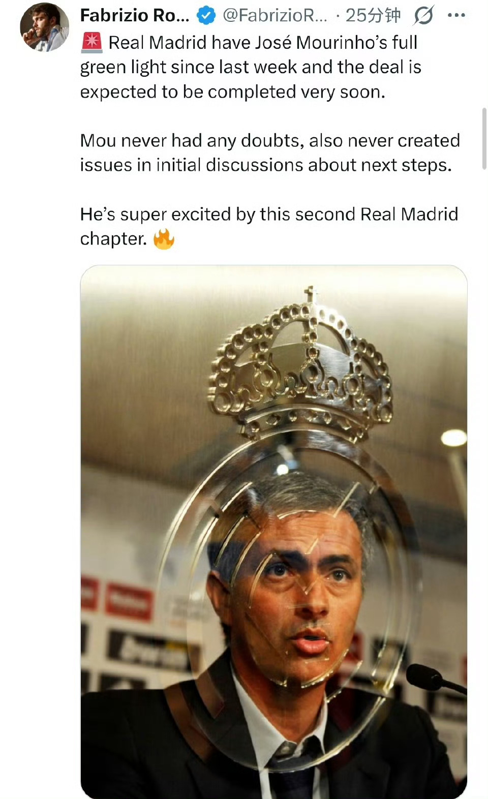 重磅！穆尼尼奥即将指教皇马！罗马诺：🚨 皇马自上周起已获得何塞·穆里尼奥的完全