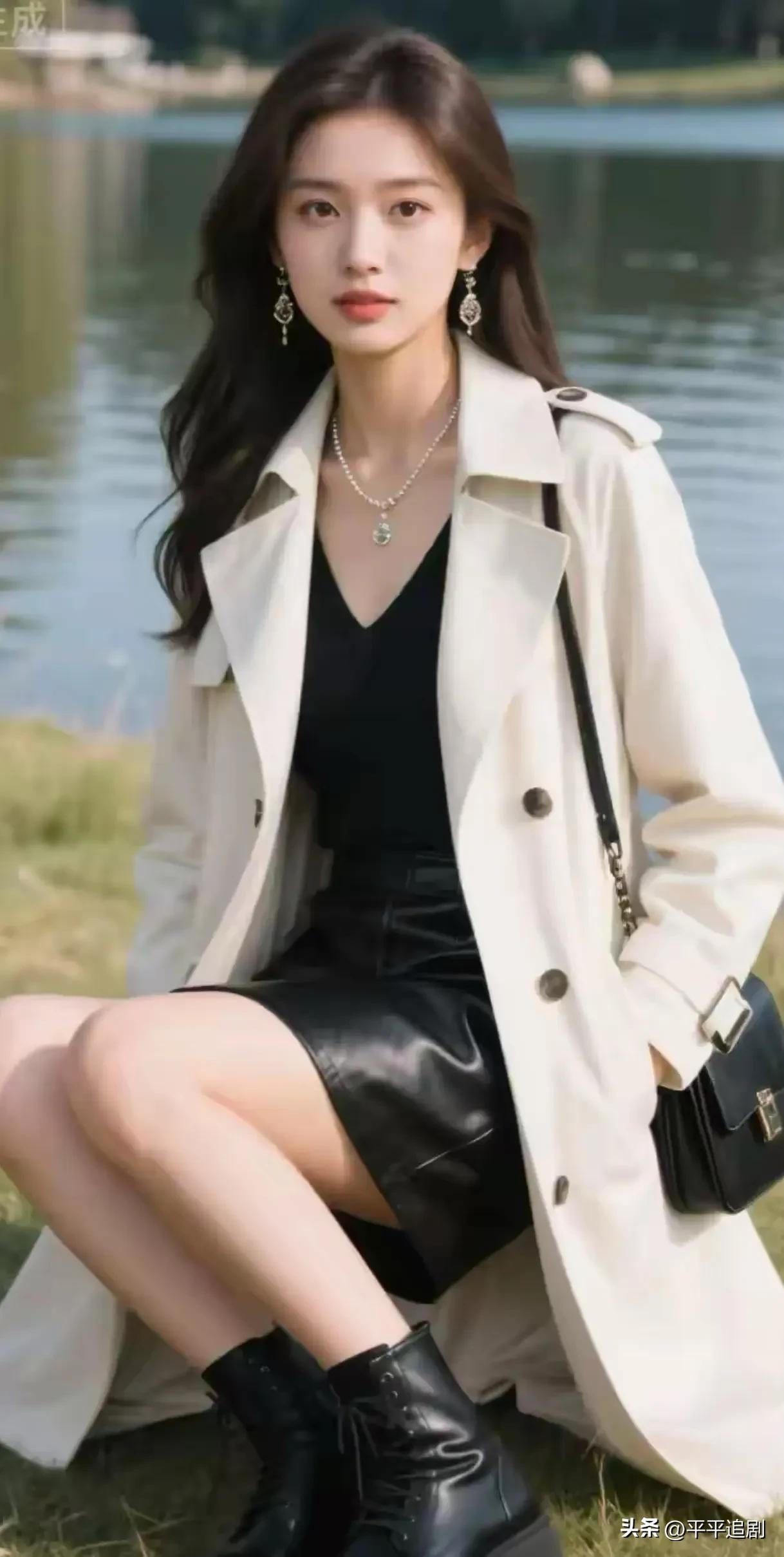 米白风衣衬出飒爽气场，湖光山色作背景，是秋日里的优雅与干练，每一处穿搭细节都藏着
